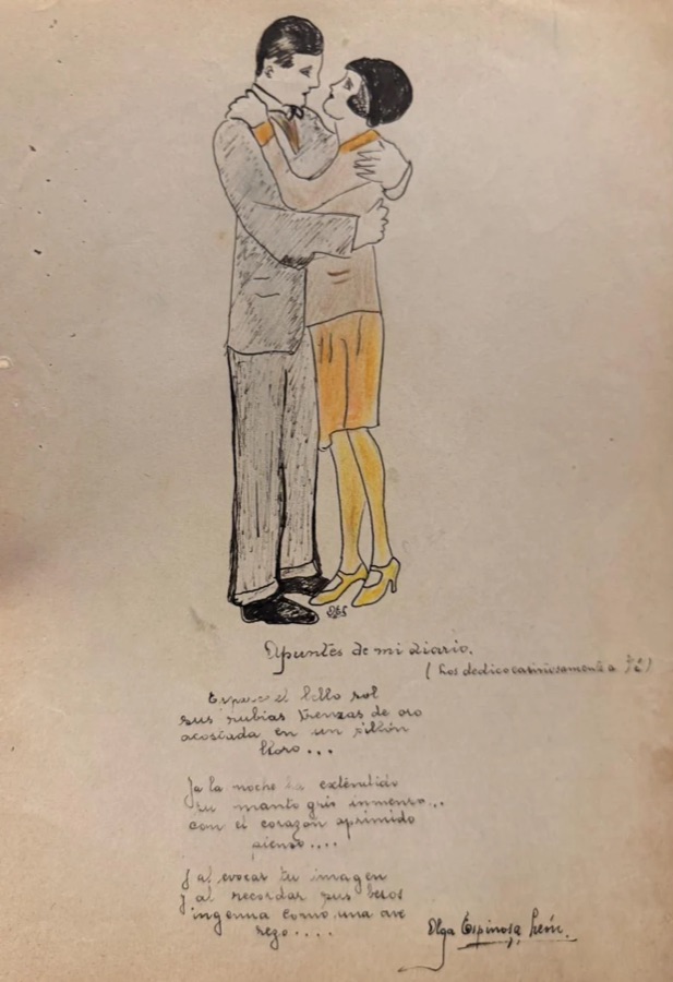 An ink and coloured pencil drawing of a couple embracing, above a short handwritten poem
