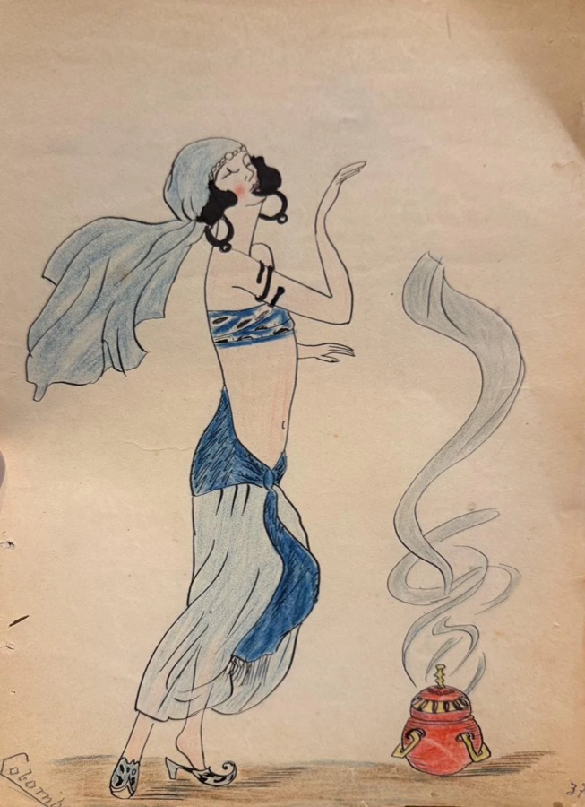 A coloured pencil drawing of a dancer in blue veils beside a smoking incense burner