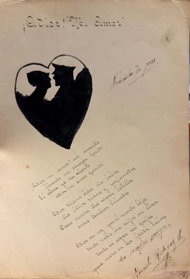 A handwritten farewell poem under a solid black heart with two silhouetted profiles inside it