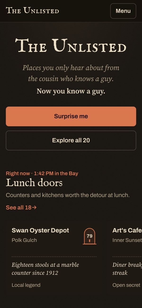 The Unlisted on a phone: the front page with a Right now row of places