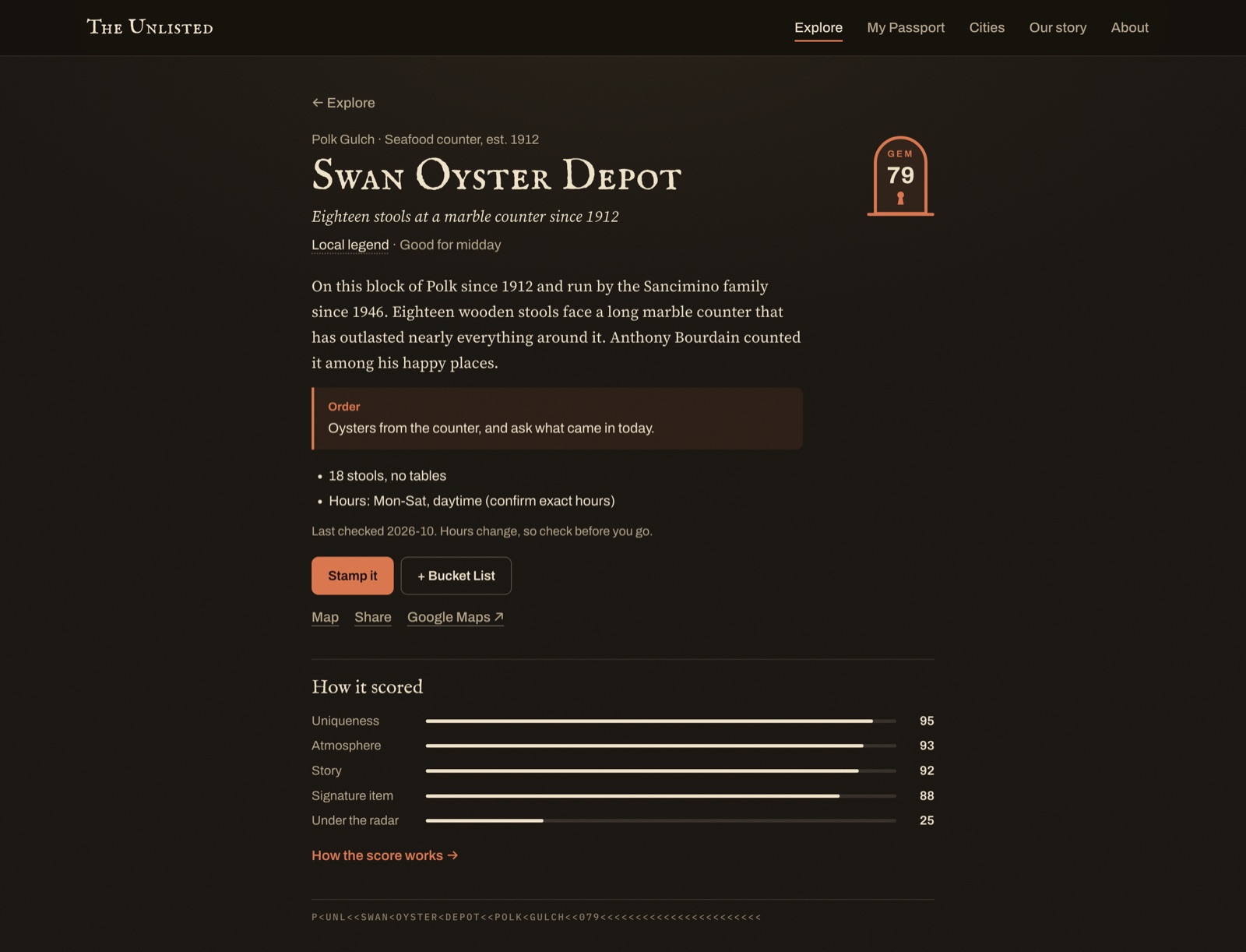 A place page for Swan Oyster Depot: its story, what to order, its Gem door score of 79 and how it scored
